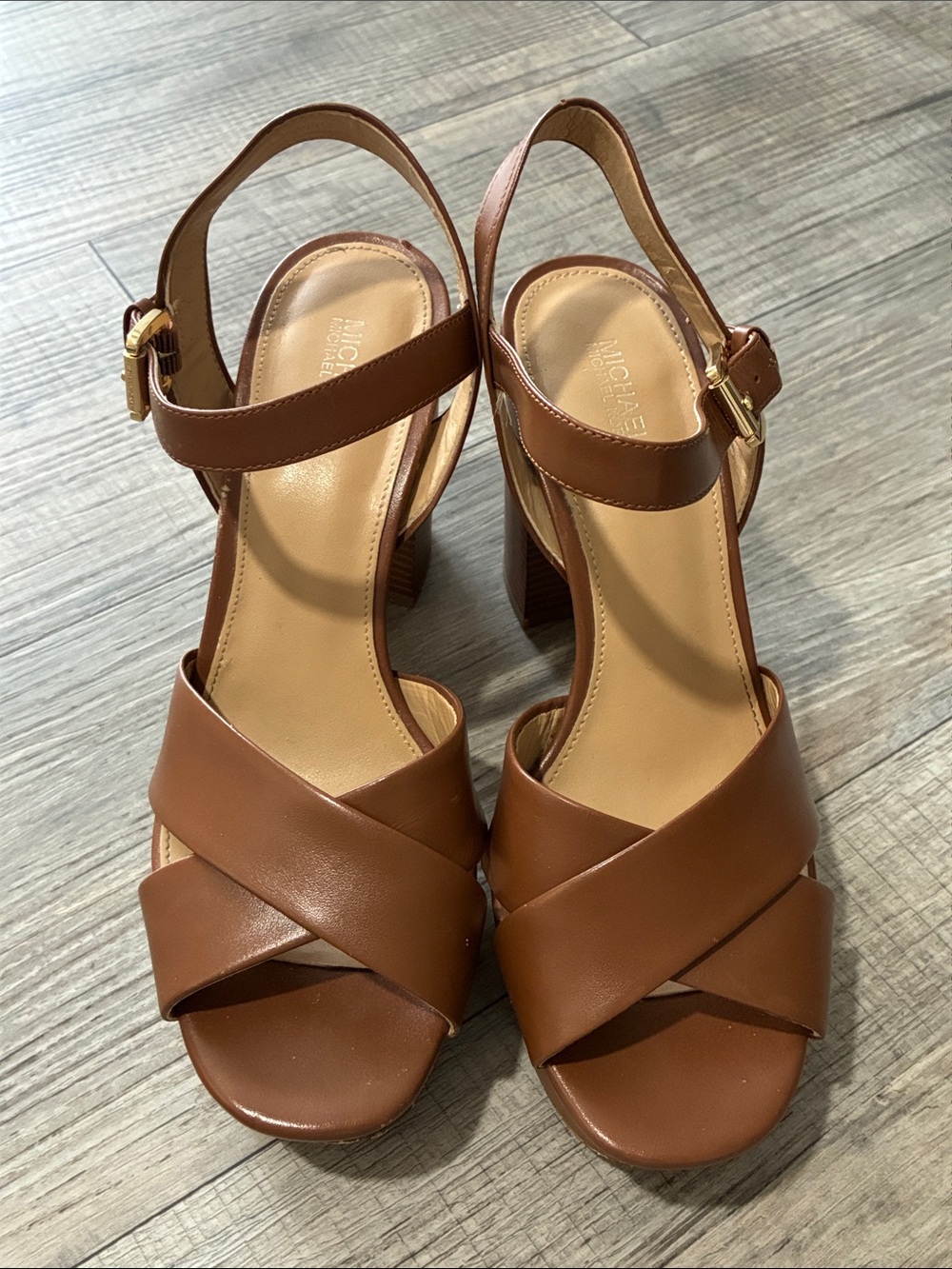 MICHAEL Michael Kors Tan Brown Leather Crisscross Block Heel Sandals